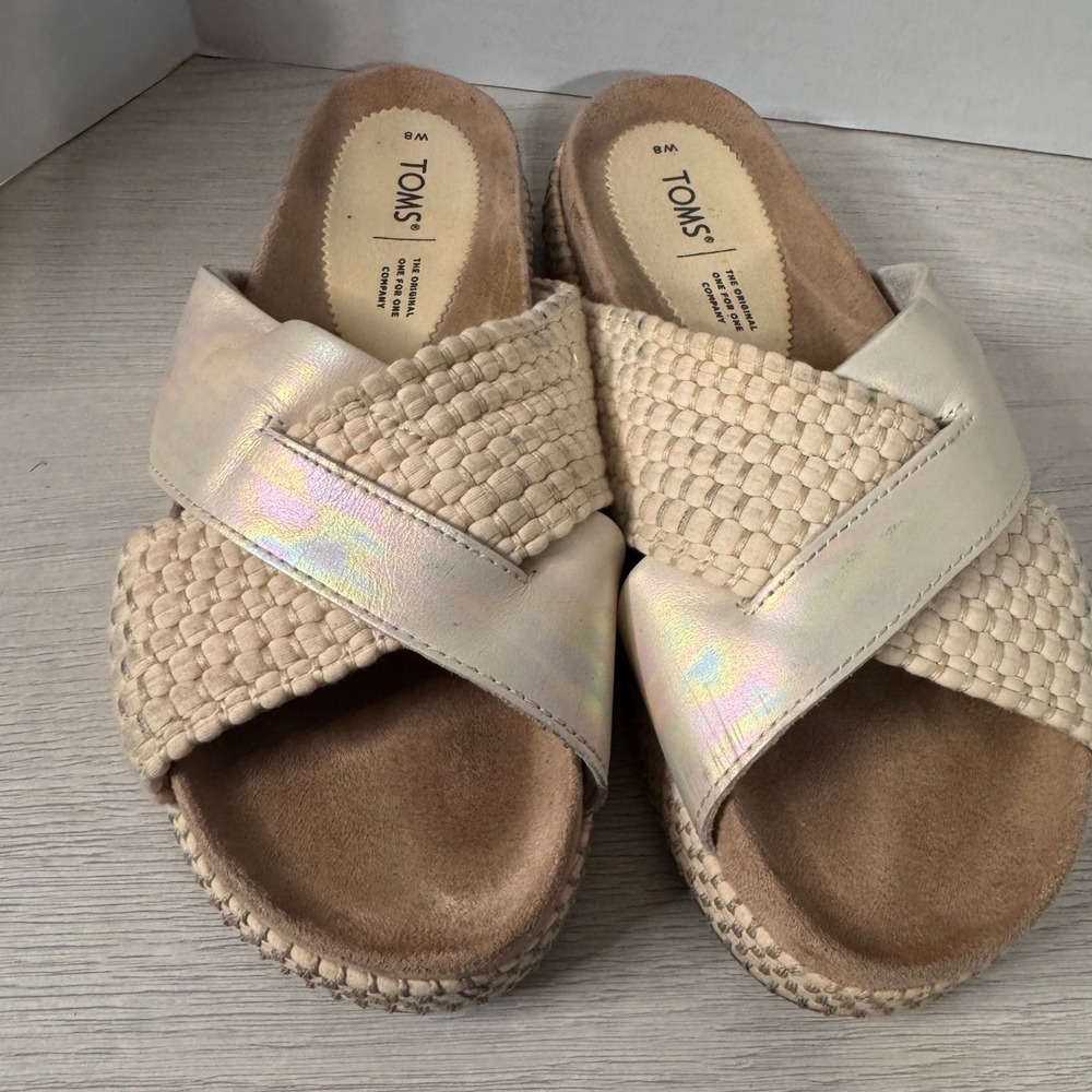 TOMS Women's W8 Beige Iridescent Crisscross Espadrille‎ Platform Slide Sandals
